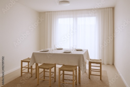 Wallpaper Mural Minimalist Dining Room Interior with Neutral Tones, Wooden Furniture, and Soft Natural Light Torontodigital.ca