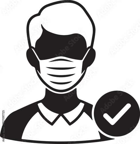 Person in face mask with checkmark icon, representing health safety, compliance, and approved public health measures during pandemic