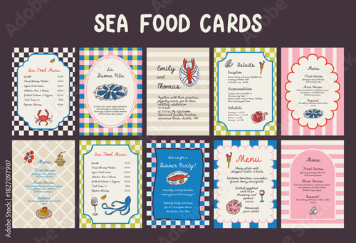 Whimsical hand drawn sea food poster and menu template in trendy whimsical style. Perfect doodle for quirky italian dinner  restaurant and cafe, kitchen wall art, poster,  party, birthday, sign