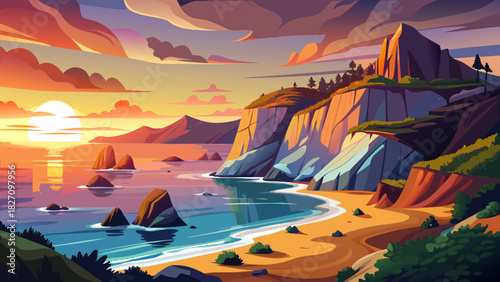 Very beautiful coastal sunset scene showcasing dramatic seaside cliffs, warm evening light over rugged rock formations, and a tranquil beach below gently meeting the calm ocean, creating a peaceful Ne