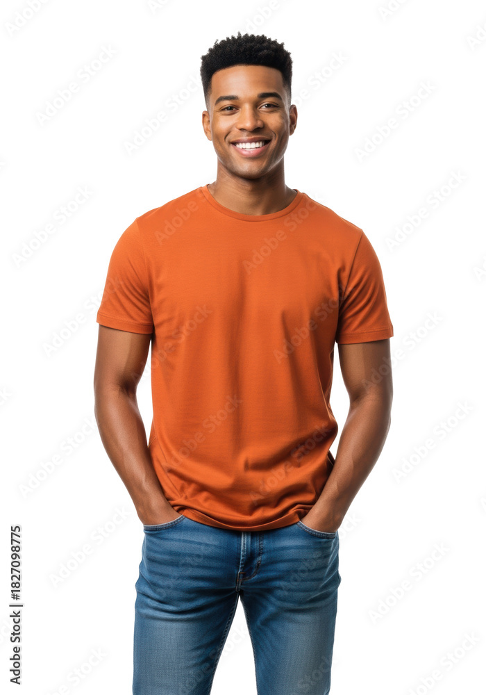Fototapeta premium Young african american man, early twenties, athletic build, wearing a bright orange t-shirt, standing, smiling confidently on a seamless white studio backdrop. concept of youthful freedom and casual