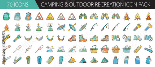 Collection of 70 hand-drawn style icons for camping, hiking, and outdoor recreation.