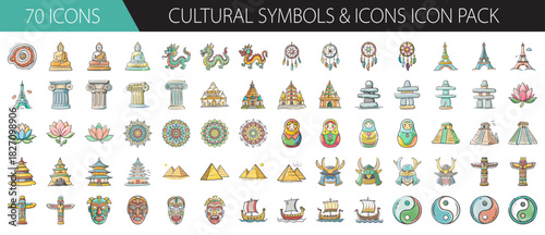 Global cultural symbols and diverse heritage icons pack, representing world traditions