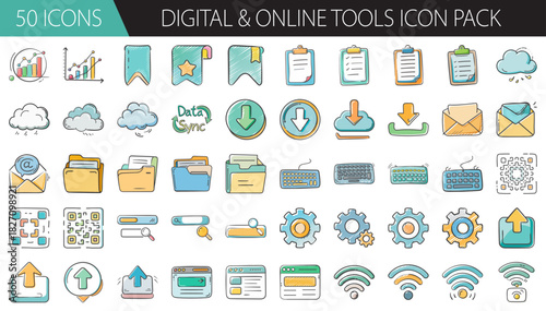 Hand-drawn digital online tools icon pack for web, app, data, and service designs