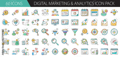 Digital marketing and analytics hand-drawn icon set, business strategy and data analysis
