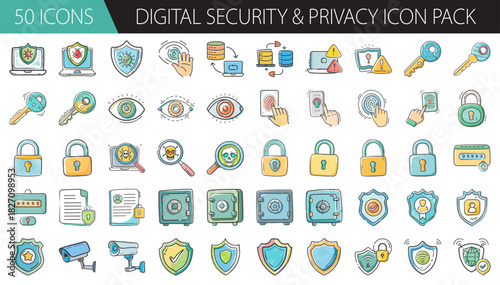 Digital security and privacy hand drawn icon pack. data protection and cyber safety symbols.