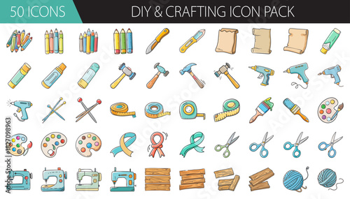 Diy & crafting icon pack: hand-drawn style vector illustrations of tools, art & hobbies