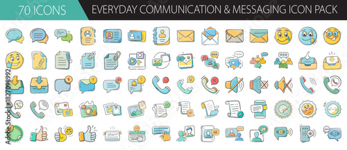 Everyday communication and messaging icon pack featuring hand-drawn style design elements