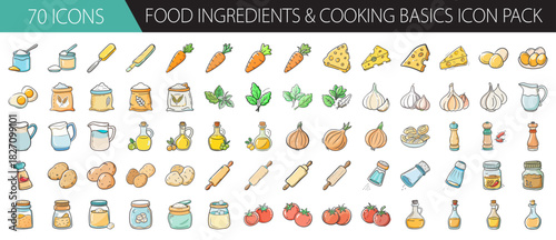 Food ingredients & cooking basics icon pack: hand-drawn style vector set for kitchen design
