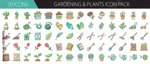 Gardening and plant vector icon set for horticulture, cultivation, nature, and home garden hobby.