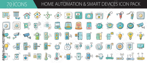 Hand-drawn home automation and smart device icons, modern technology vector collection set
