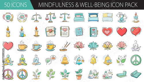 Mindfulness, well-being, and health outline icons for meditation, yoga, and inner peace.