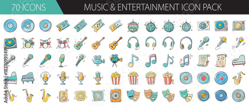 Hand drawn music and entertainment vector icon pack with musical instruments and party
