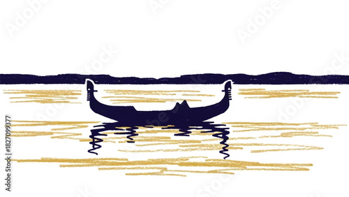 Minimalist Venice Gondola Silhouette Sketch on Water with Scribbled Lines Art Style