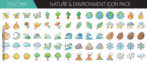 Nature environment icons, watercolor style: earth, weather, plants, animals, natural element.