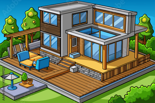 vector of Renovating a modern home in Melbourne includes adding a deck, patio, and yard area.