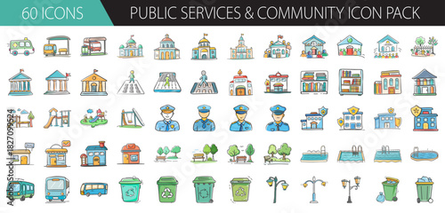 Public services and community icons pack, hand drawn style, vector illustration set