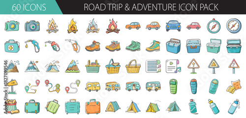 Road trip and adventure flat cartoon icon set for travel, camping, and outdoor leisure