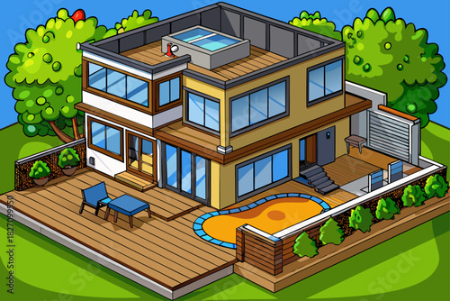 vector of Renovating a modern home in Melbourne includes adding a deck, patio, and yard area.