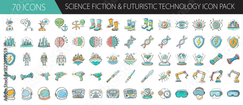 Science fiction and futuristic technology icons pack set, hand-drawn vector illustrations