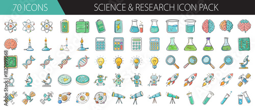 Science and research icon set: lab equipment, space, biology, chemistry, and tech symbols