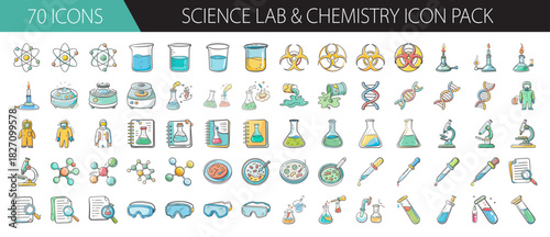 Science lab and chemistry hand-drawn icon pack for research, experiment, study, and education