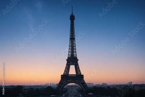 Iconic Tower Silhouette Against a Twilight Sky, Paris Cityscape, Travel Destination, Famous Landmark