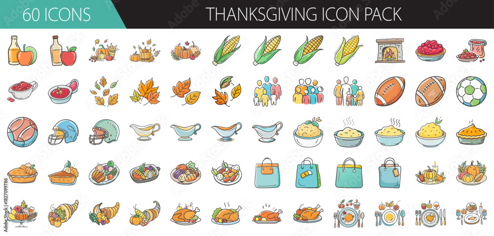 Naklejka premium Thanksgiving holiday vector icons: traditional food, autumn decor, family, and celebration.