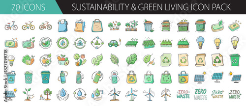 Hand drawn sustainable and green living icon pack with 70 eco-friendly vector illustrations