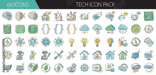 Hand drawn technology, science, and innovation vector icon pack for modern digital design