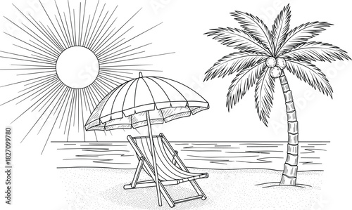 Hand drawn summer beach vector illustration with palm tree, sun, umbrella and deck chair in black and white sketch style.