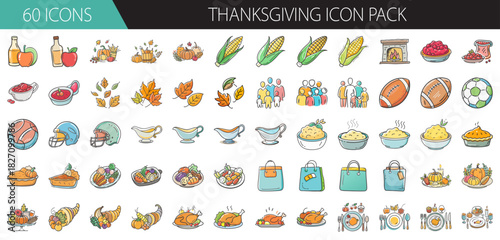 Thanksgiving holiday vector icons: traditional food, autumn decor, family, and celebration.