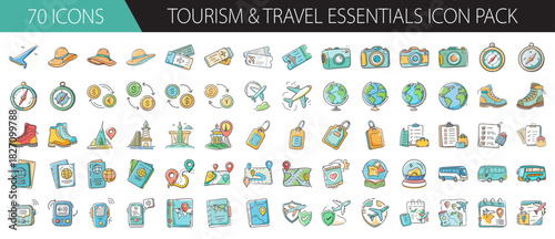 Hand drawn tourism and travel essentials icon pack for global adventure and vacation planning
