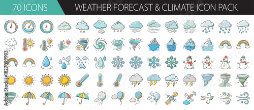 Weather forecast and climate icons, hand-drawn style, for modern digital design uses