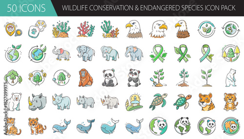 Wildlife conservation and endangered species icon pack with cute animals and environmental symbols