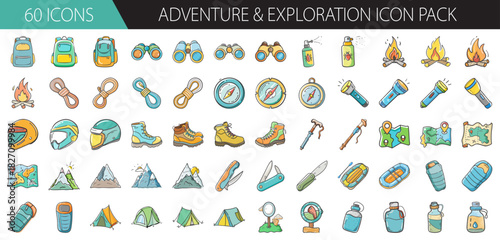 Adventure and exploration icon pack featuring outdoor survival gear and camping equipment