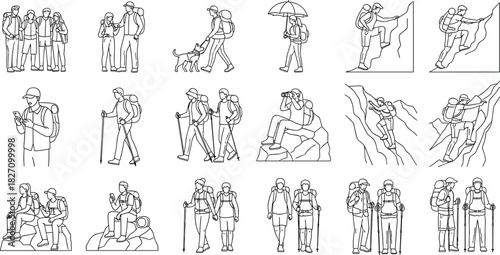 Hiking people line art set, trekking characters with backpacks, outdoor adventure collection, mountain climbing travel illustration icons, nature explorer symbols