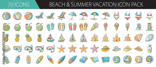Hand-drawn colorful beach and summer vacation icons set with diverse holiday elements vector