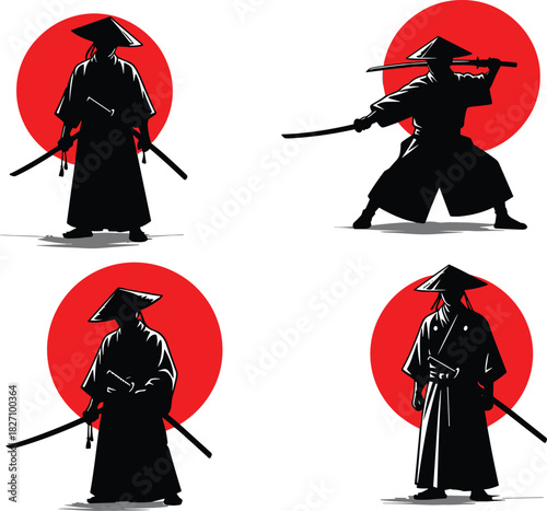 Japanese samurai warrior silhouette set, black swordsman vector collection with red sun background, traditional martial arts illustration.