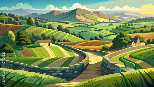 Very beautiful rural landscape featuring winding stone walls zigzagging across open fields and gentle rolling hills, surrounded by soft greenery and a peaceful New England countryside atmosphere.