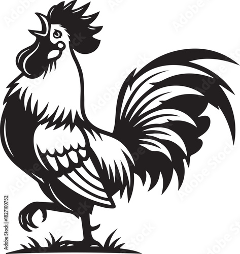 Crowing Rooster Mascot - Black and White