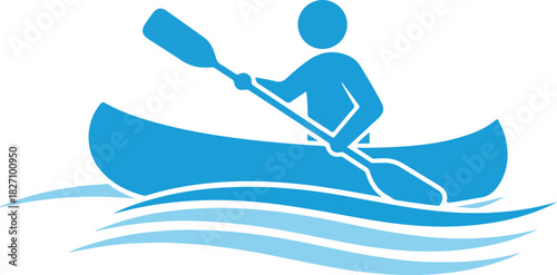 Blue graphic icon of a person paddling a canoe or kayak on water waves, representing outdoor recreation and adventure.