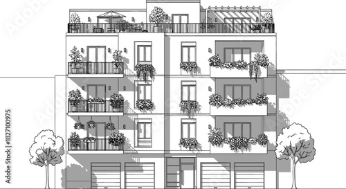 Modern apartment building facade sketch featuring balconies with plants, rooftop terrace, and ground floor garages, architectural line art illustration.