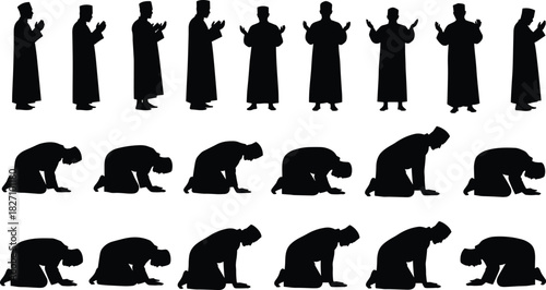 Muslim man praying silhouette set, Islamic salah positions including standing and sujud, traditional religious worship vector illustration isolated on white.