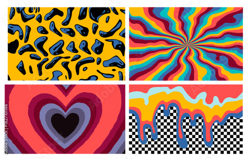 Bold psychedelic vector set in retro Y2K style with dripping rainbows, warped melting blobs and swirling stripes in pink, cyan, yellow and black. Collection for trippy graphics, rave 2000s aesthetics.