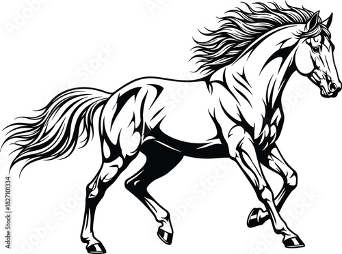 Powerful black and white vector illustration of a majestic running horse with a flowing mane and tail, depicting strength, speed, freedom, and equestrian sport dynamics.