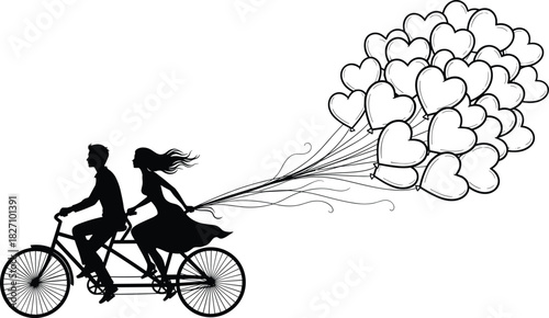 Romantic Silhouette of a Couple Riding a Tandem Bicycle, Woman Holding a Huge Bunch of Heart-Shaped Balloons, Love, Romance, and Valentine's Day Concept Vector Illustration