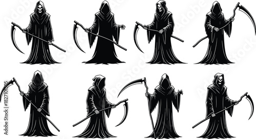 Scary Grim Reaper Vector Silhouette Set, Hooded Skeleton Death Character Holding Scythes, Halloween Horror, and Dark Tattoo Art Collection.