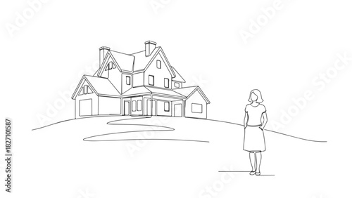 Minimalist continuous one line art drawing of a woman contemplating a new residential house on a hill