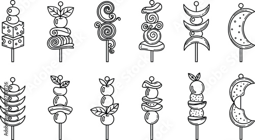 Set of appetizer skewer icons, delicious finger food line art featuring cheese, fruit, and vegetable canapés, black outline vector.